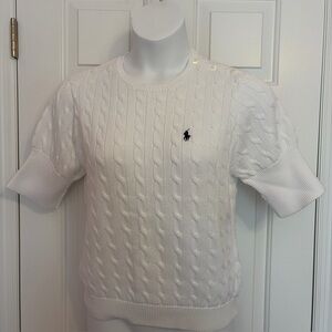 VTG Ralph Lauren Sweater Women’s Slim White Cable Knit Crew Puff Sleeve Size XL